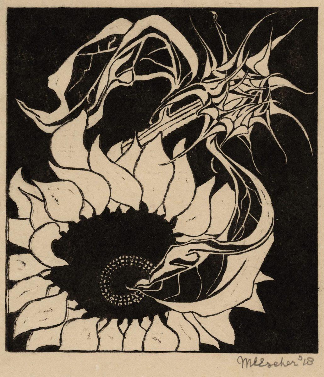 M.C. Escher, Zonnebloemen, linoleumsnede, 1918