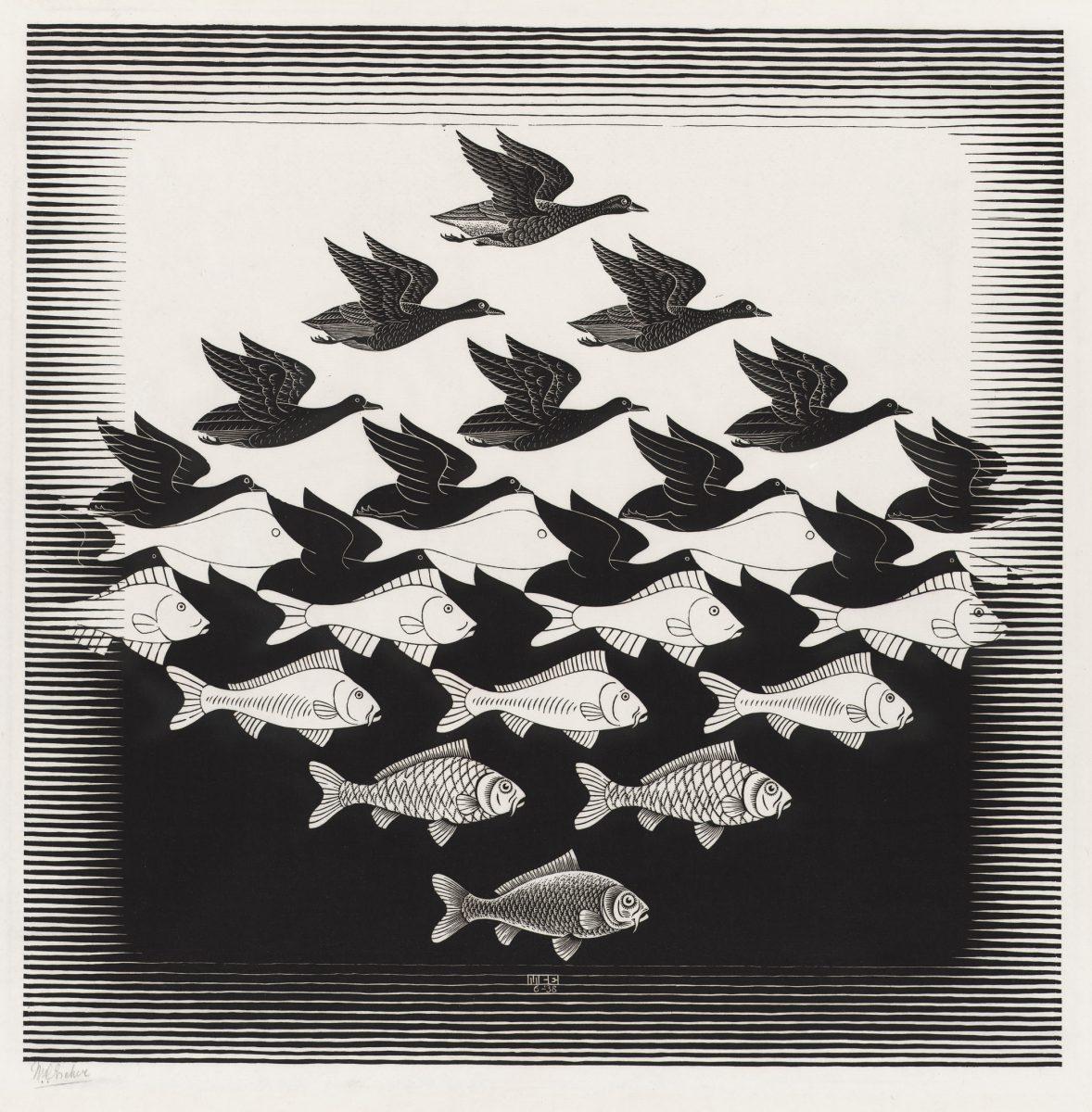 M.C. Escher, Sky and Water I. woodcut, 1938