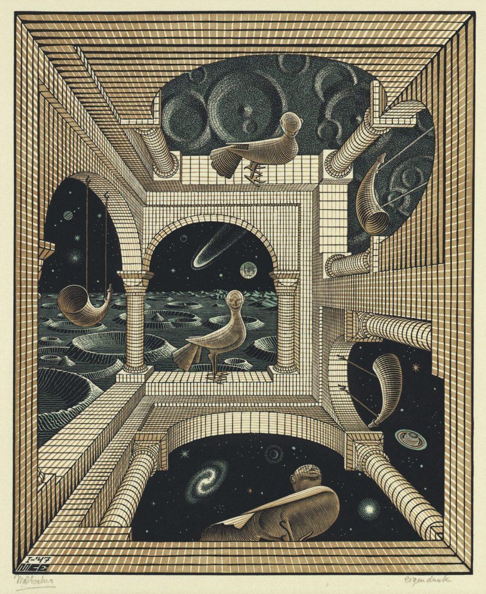 M.C. Escher, Other world, wood engraving and woodcut in black, reddish brown and green, printed from three blocks, January 1947