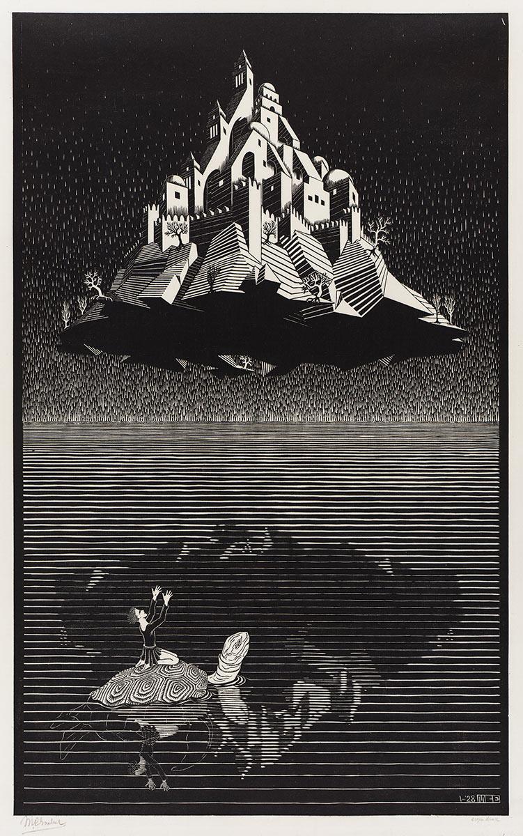 M.C. Escher, Luchtkasteel, houtsnede, januari 1928