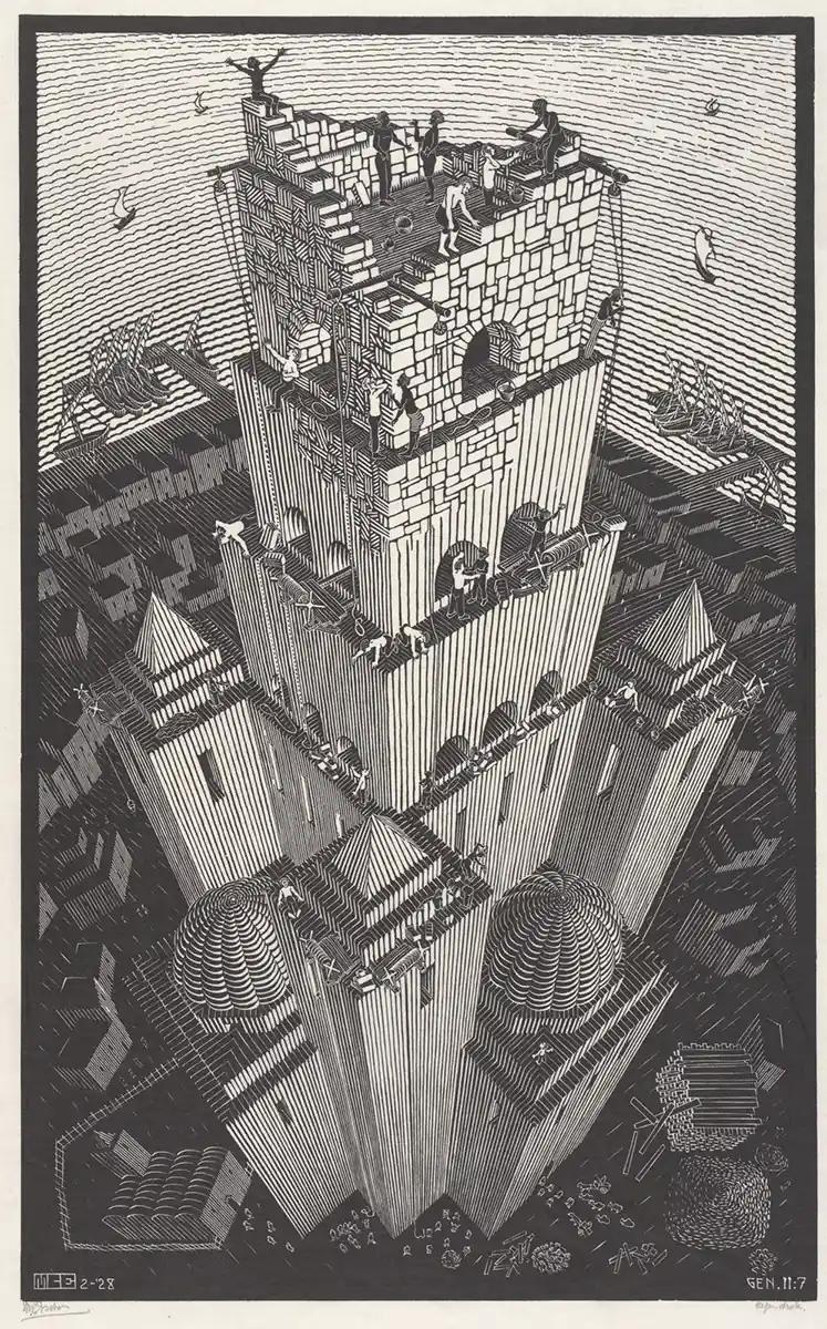 M.C. Escher, Tower of Babel, woodcut, February 1928