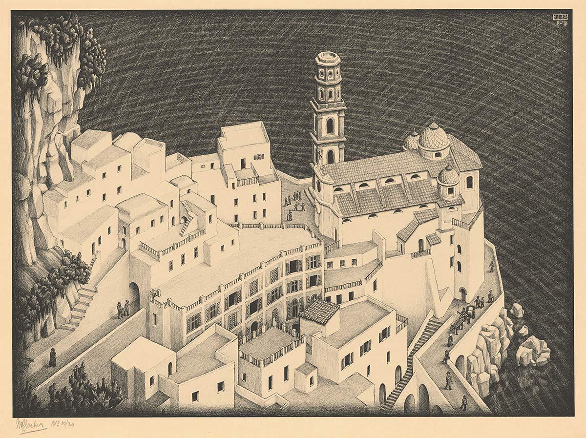 M.C. Escher, Atrani, Amalfitaanse kust, litho, 1931