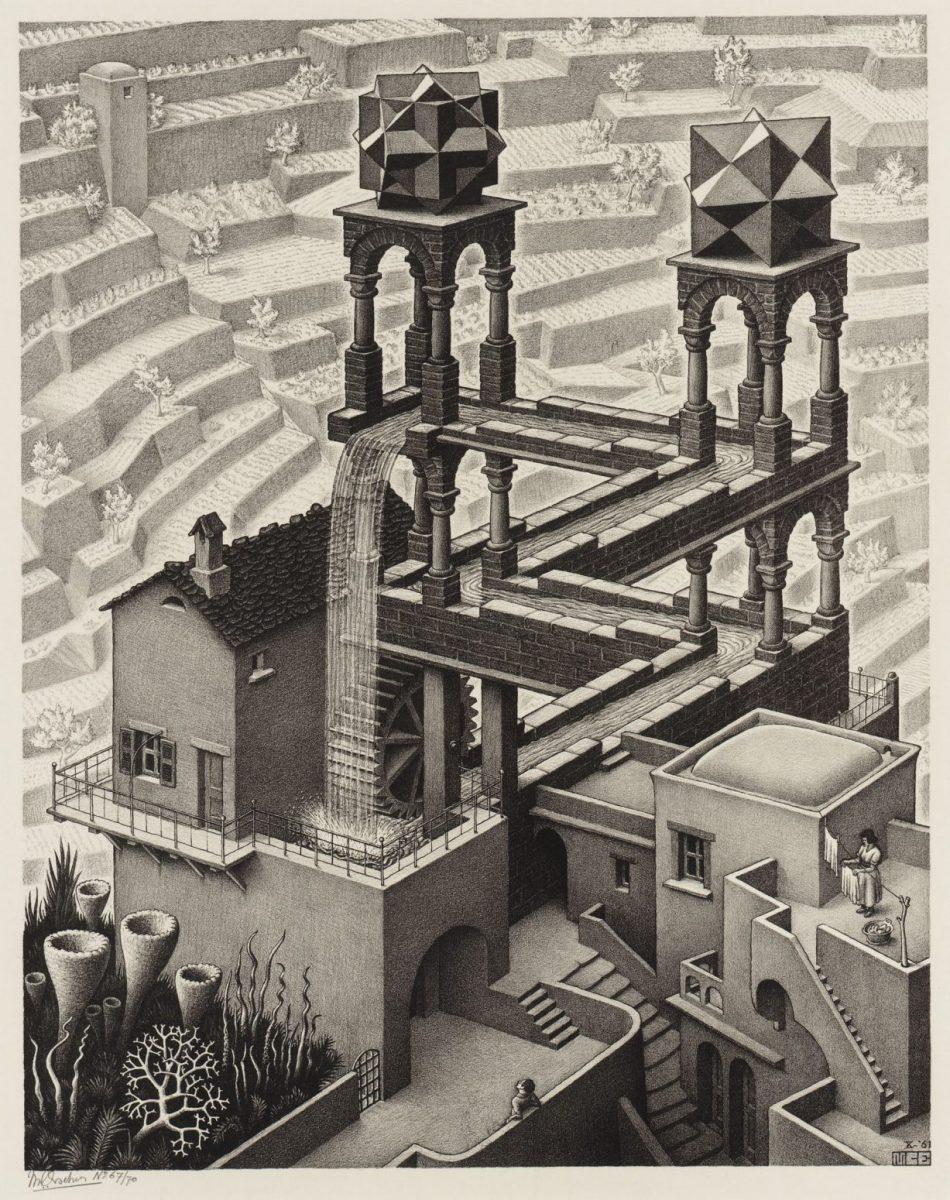 M.C. Escher, Waterfall, lithograph, October 1961