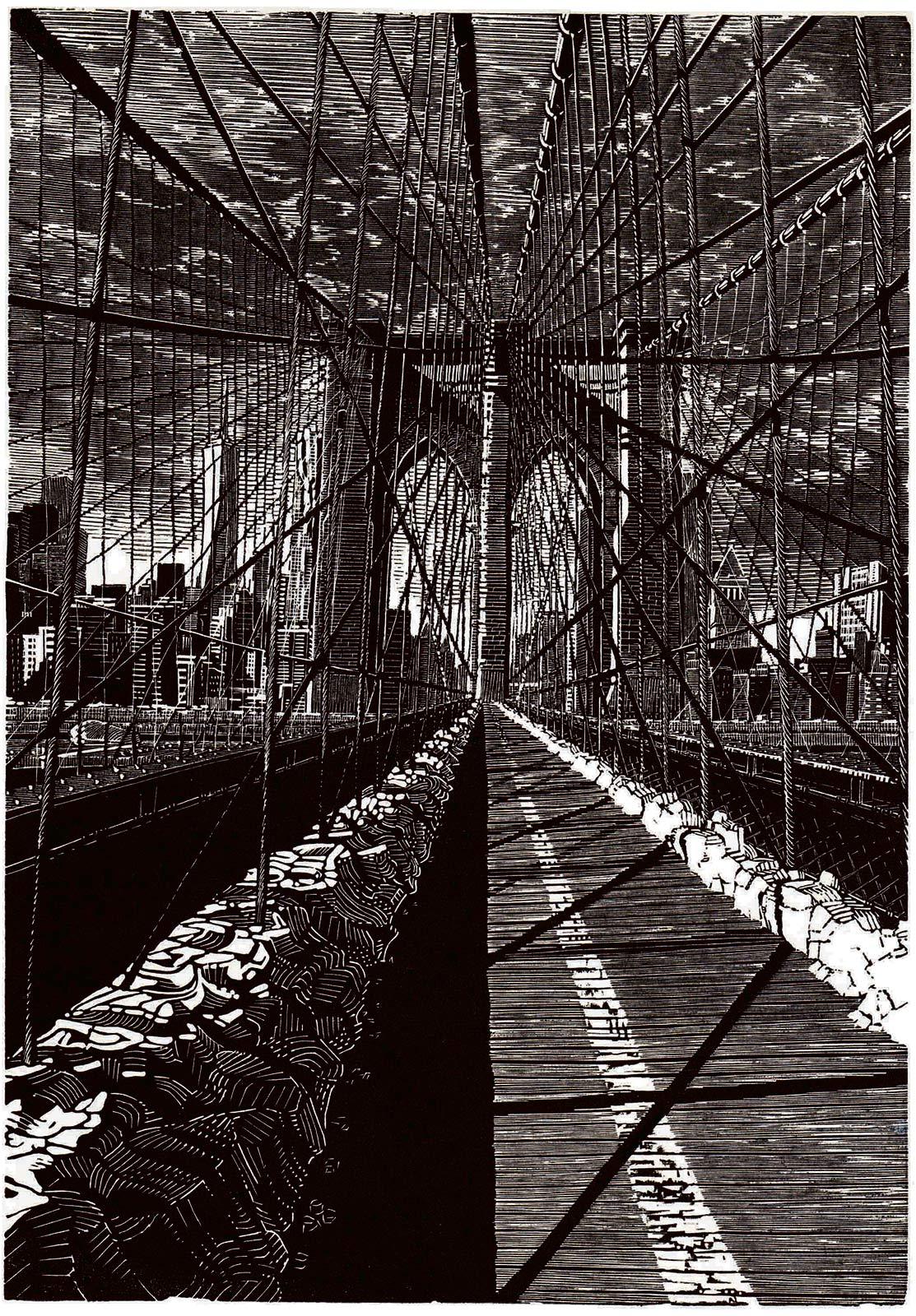 <p>Anne Desmet, Brooklyn Bridge: New Day, wood engraving, 2015</p>