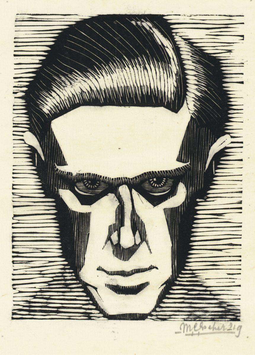 M.C. Escher, Self-portrait, linoleum cut, 1919
