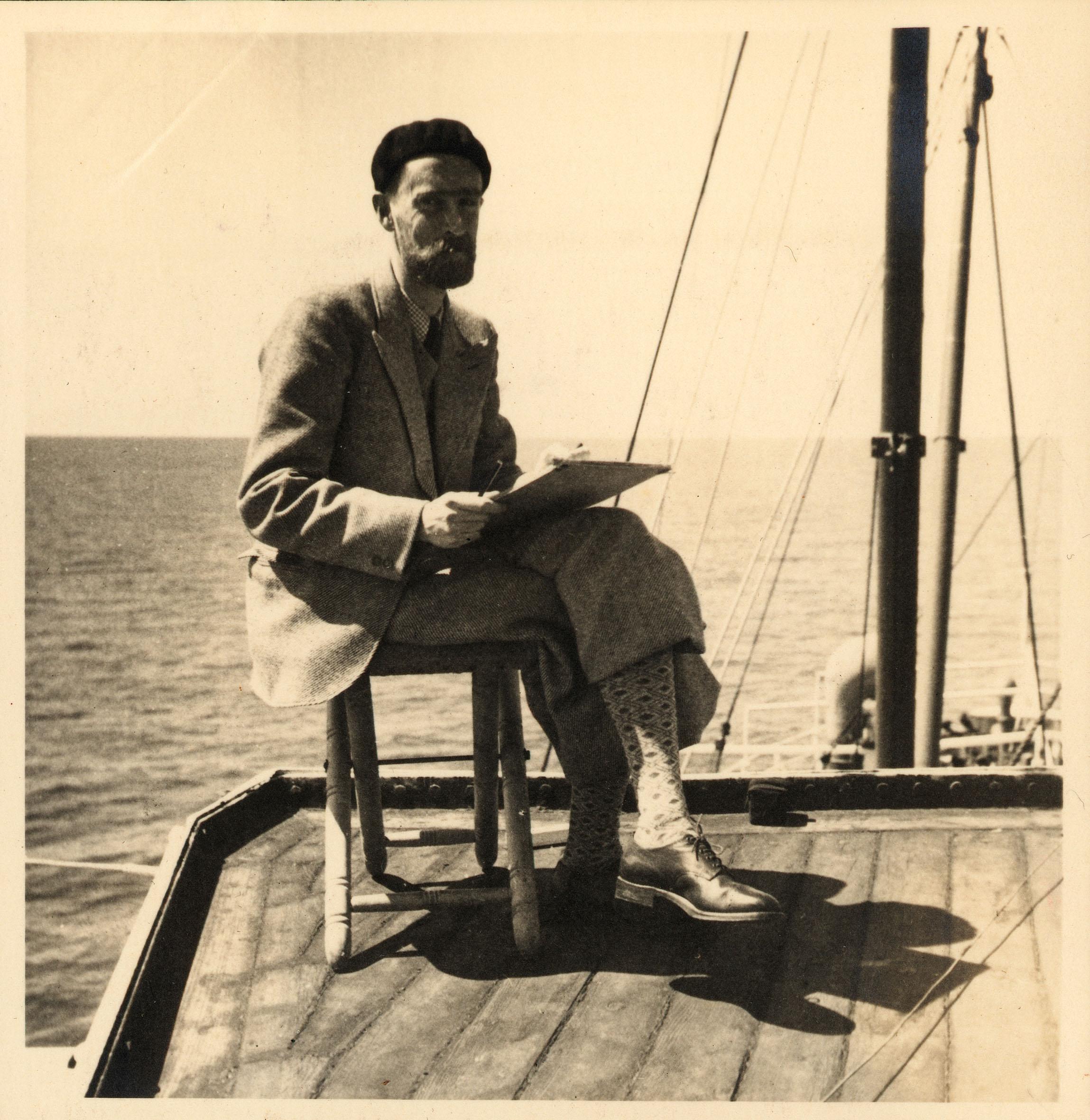 M.C. Escher during his Mediterranean Sea trip in 1936 on the deck of the Paganini