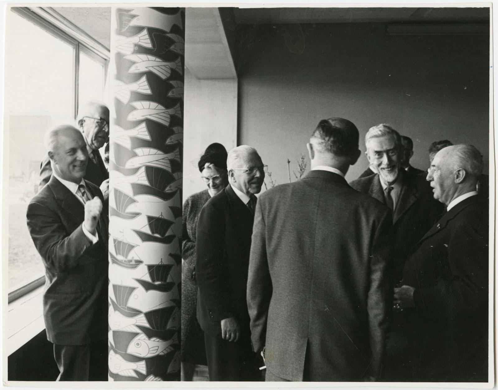 Escher during the official presentation of the column he designed for Provinciale Waterstaat, March 1962