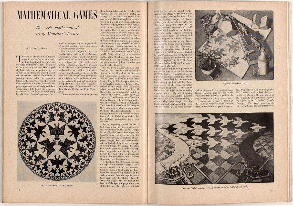De eerste pagina's van het artikel van Martin Gardner over M.C. Escher in Scientific American, april 1966