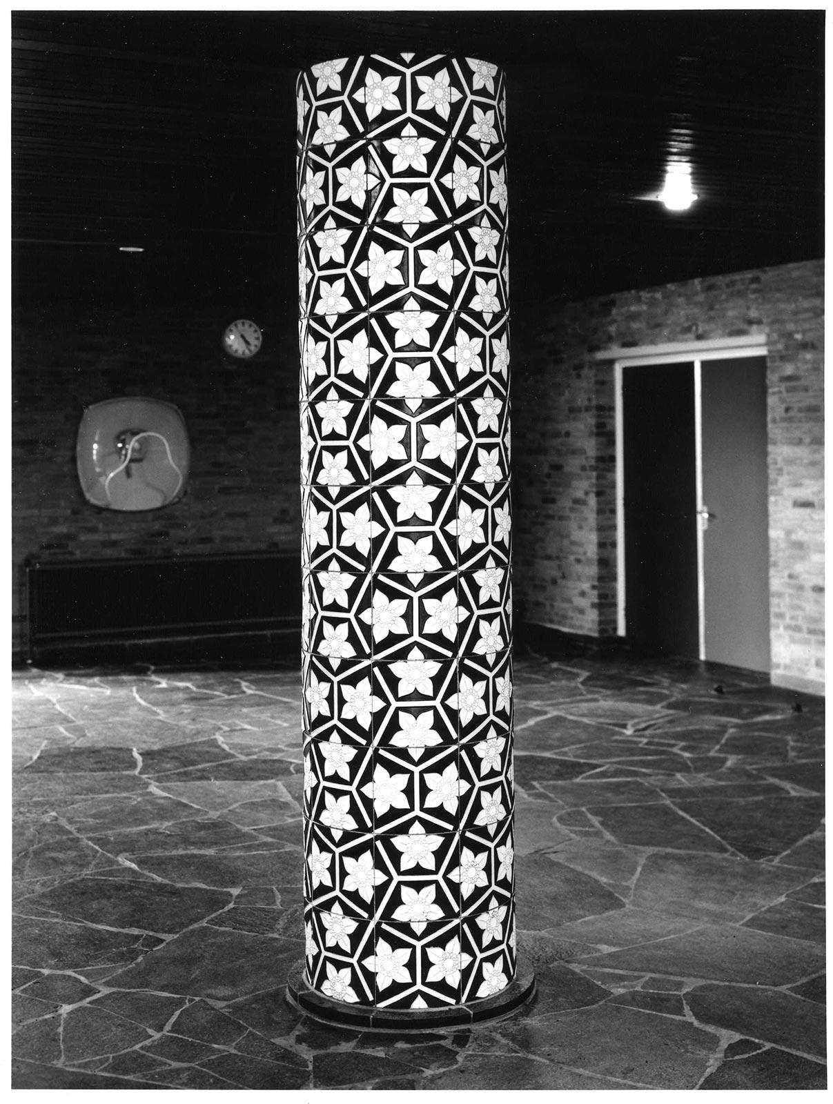 Tile column of Escher's design, Baarnsch Lyceum, 1969. Photo: Zandvoort, Baarn