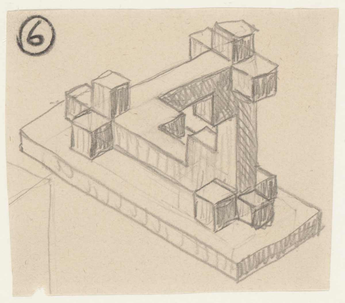 Preliminary studies for the buildings in <em>Waterfall</em>. Drawing 6