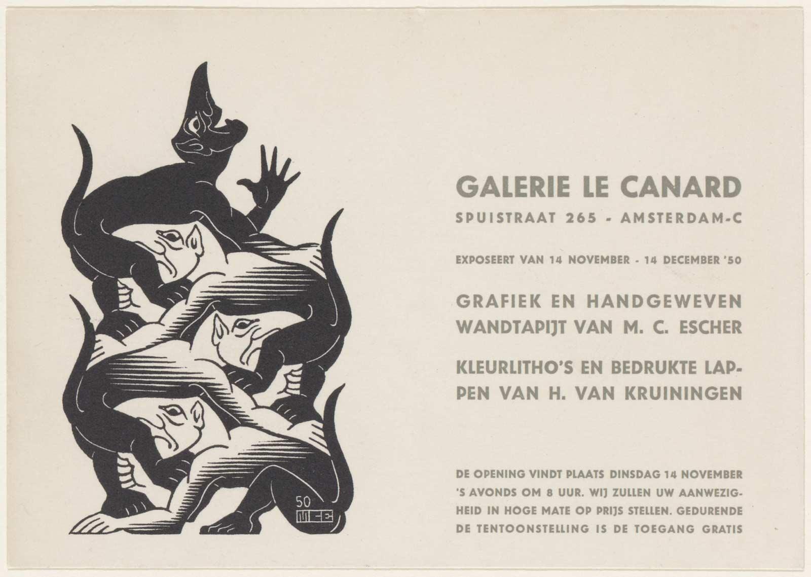 M.C. Escher, Duiveltjes vignet (Uitnodigingskaart Galerie Le Canard), houtgravure, 1950