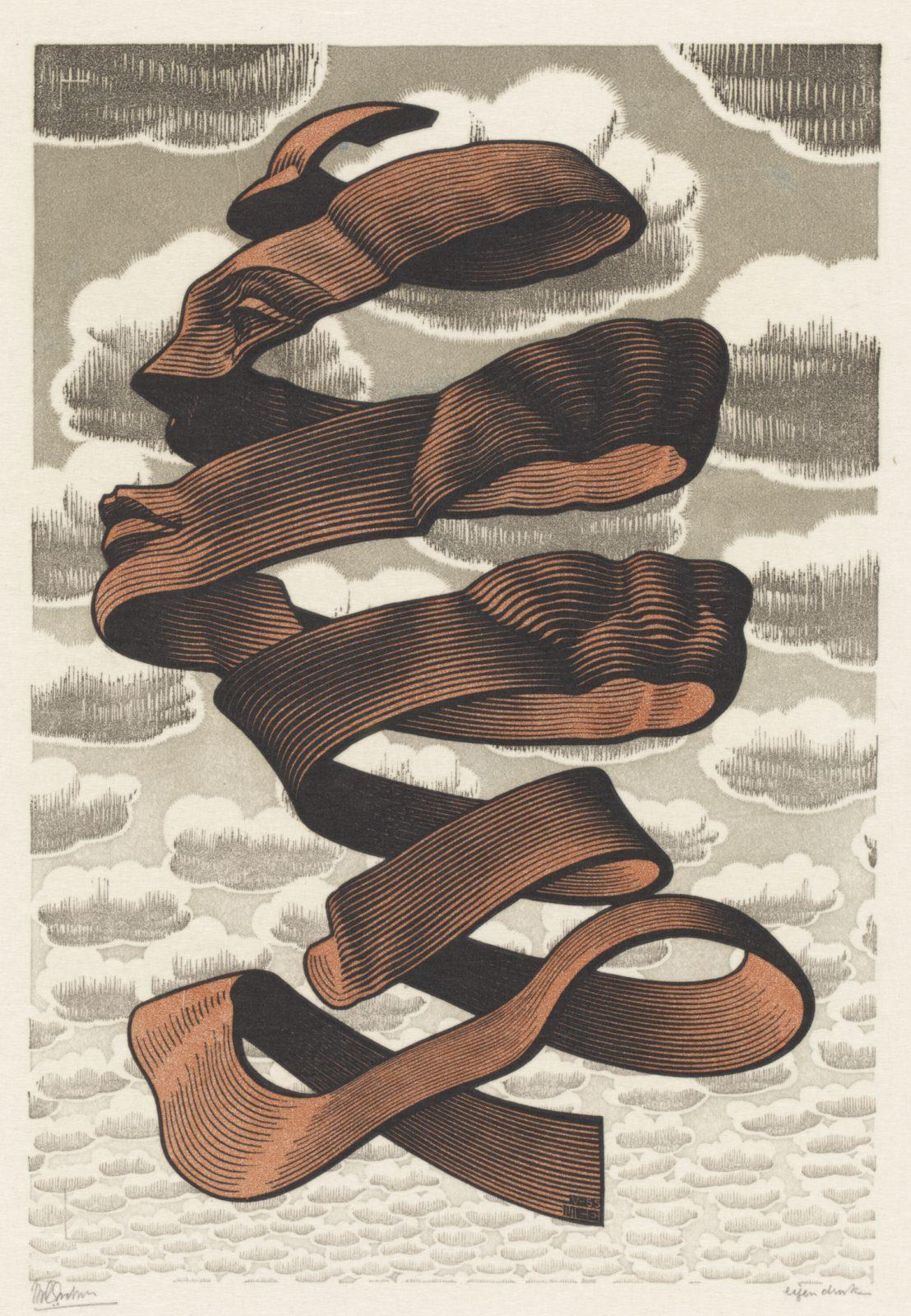 M.C. Escher, Omhulsel, houtgravure en houtsnede in zwart, bruin, blauwgrijs en grijs, gedrukt van vier blokken, 1955