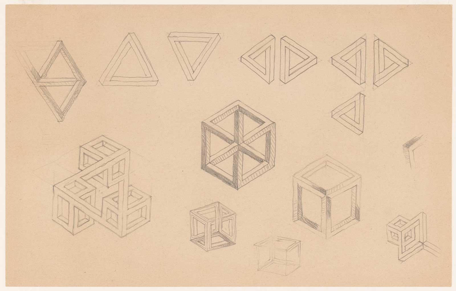 Early sketches in which Escher experiments with the Penrose triple-bars and the impossible cube he used earlier for Belvédère