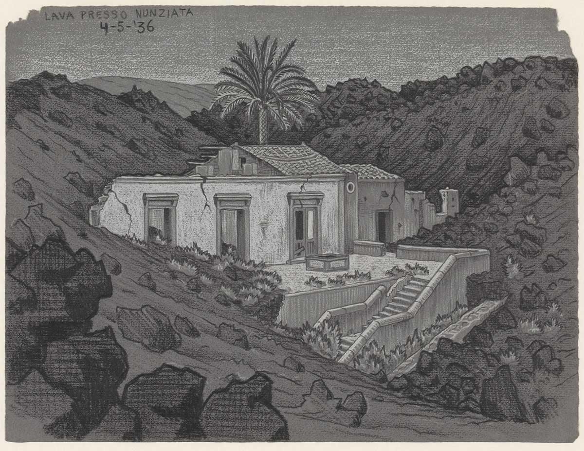 M.C. Escher, Lava Presso Nunziata, tekening in wit en zwart krijt op grijs papier, 4 mei 1936