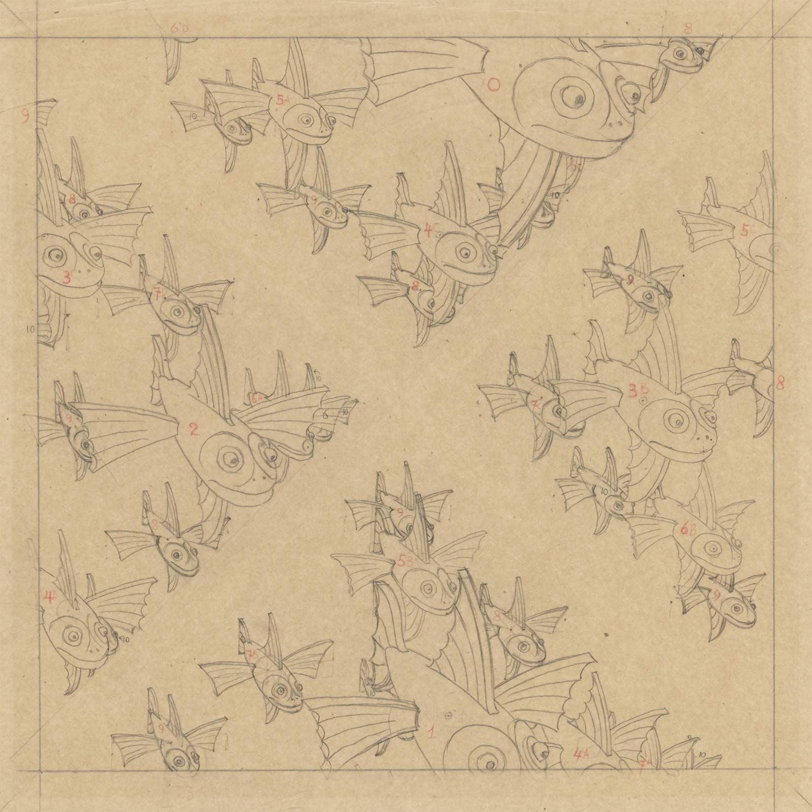 Study for Depth, drawing in black and red pencil on transparant paper, 1955