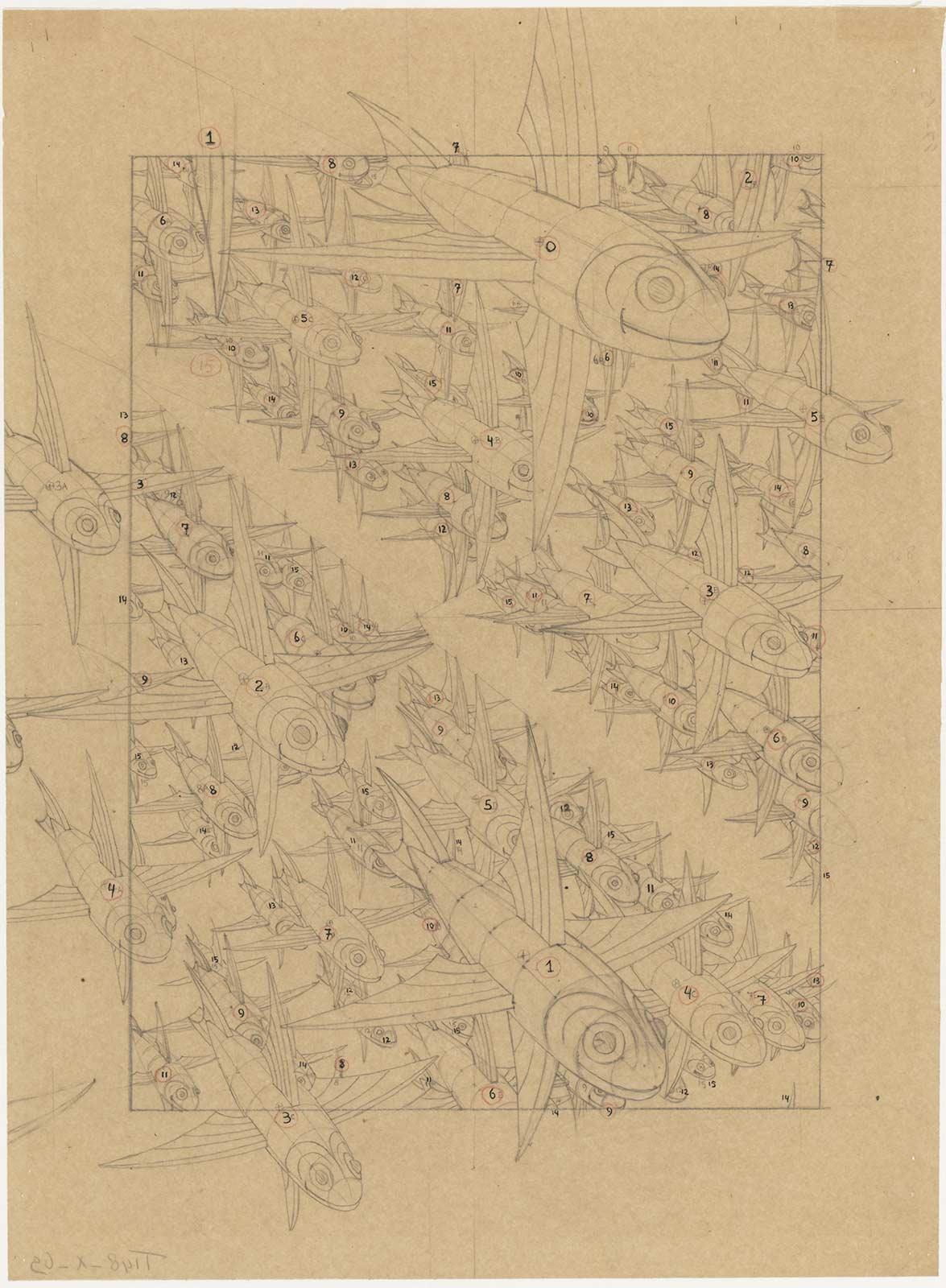 Study for Depth, drawing in black and red pencil on transparant paper, 1955