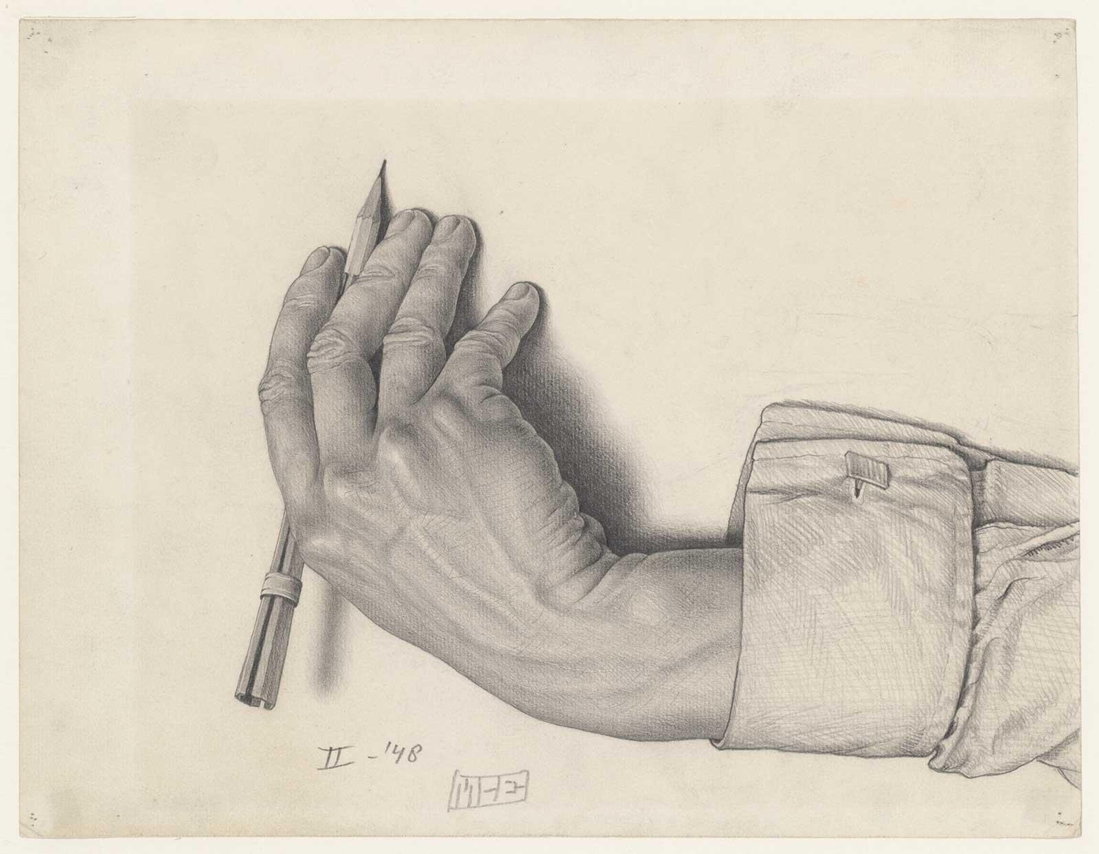 <p>M.C. Escher, preliminary study for <em>Drawing Hands</em>, pencil on paper, February 1948. Escher created to studies of his right hand, drawn with his left one. This is the second version. His hand is turned outwards, which is unnatural. You wouldn't do this normally. For the lithograph he mirrored it to create the 'circle' of two hands drawing each other.</p>