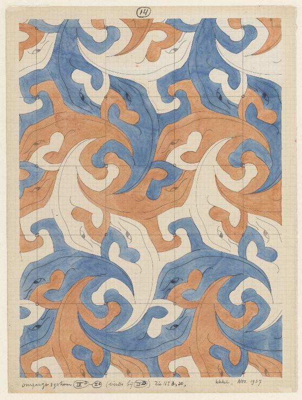 Regelmatige vlakverdeling met hagedissen, nr. 14, waterverf, november 1937