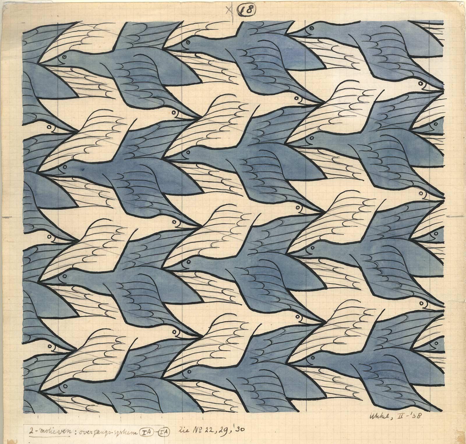 M.C. Escher, Regular division drawing with birds, no. 18, India ink, pencil and watercolor on paper, February 1938