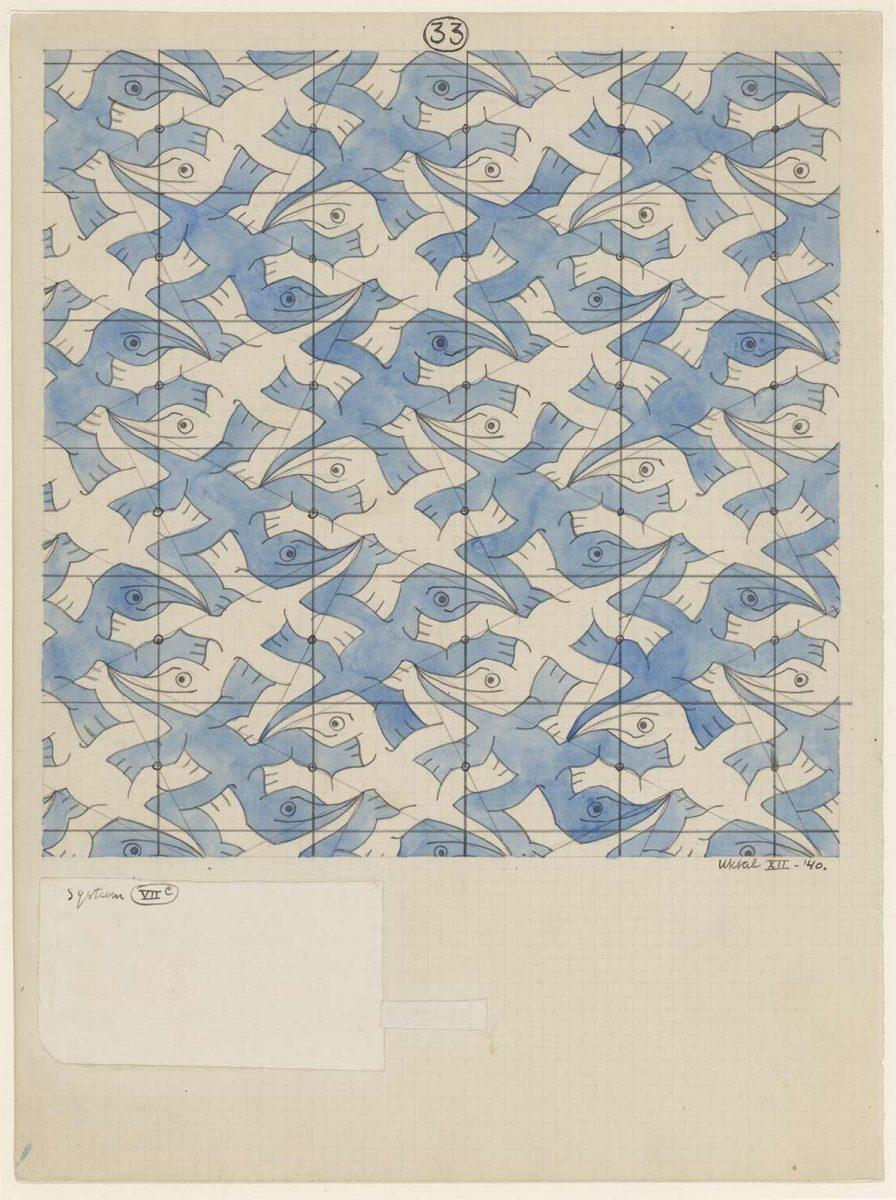 M.C. Escher, Regelmatige vlakverdeling met hagedissen, nr. 33, potlood en waterverf op papier, december 1940