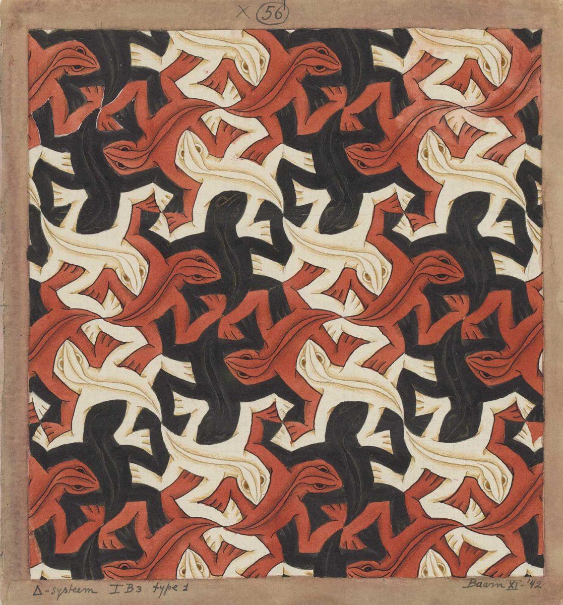 M.C. Escher, Regular division drawing with reptiles, no. 56, india ink, gold ink, coloured pencil, poster paint, November 1942