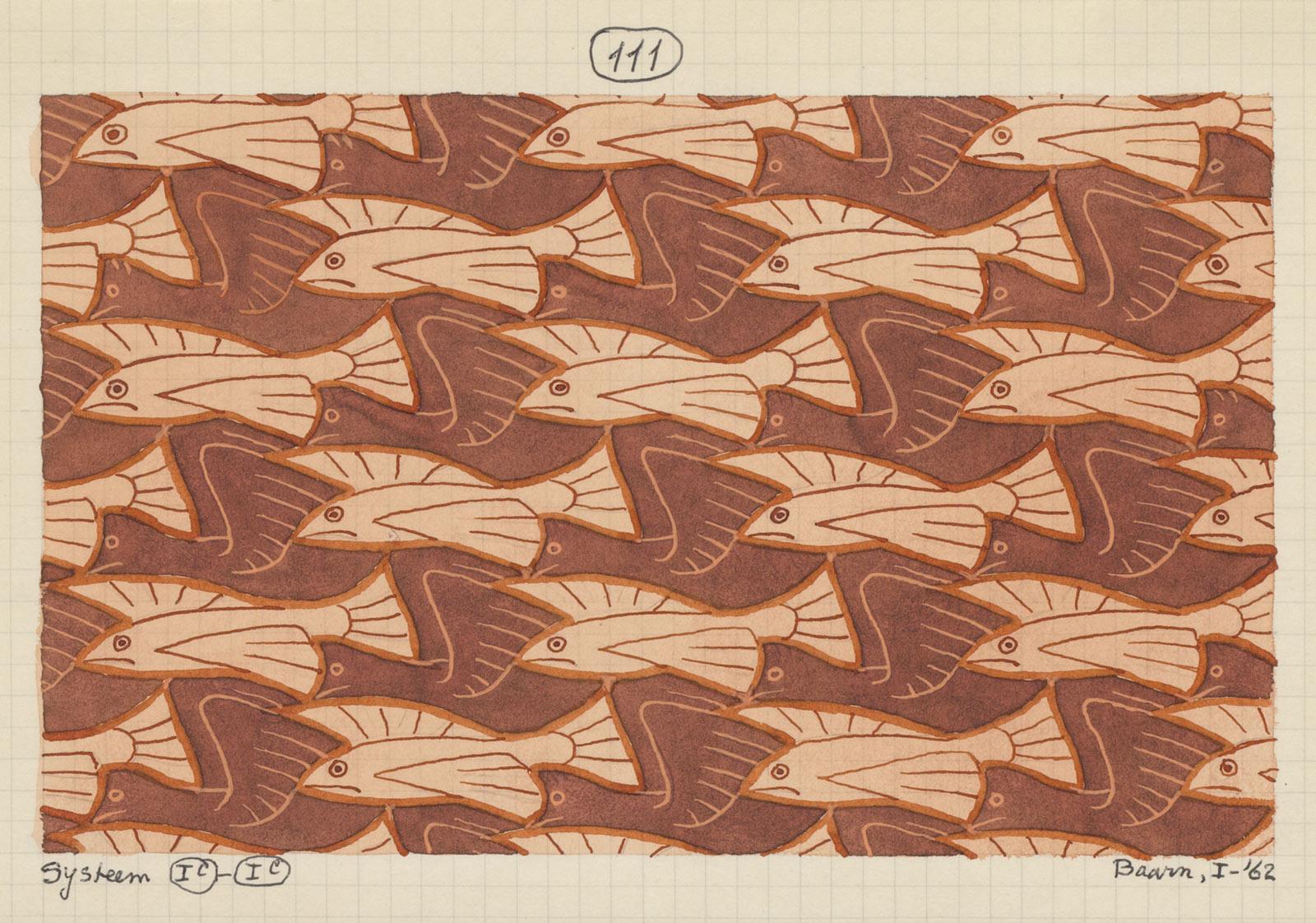 M.C. Escher, Regelmatige vlakverdeling met vliegende vissen en vogels, nr. 111, potlood en waterverf op papier, januari 1962