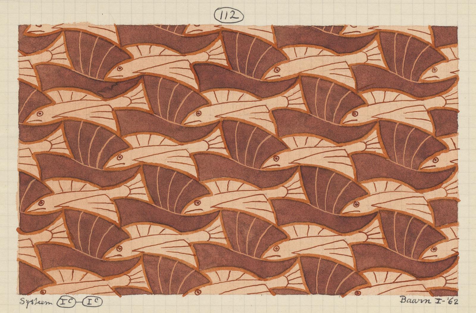 M.C. Escher, Regelmatige vlakverdeling met vliegende vissen en bootjes, nr. 112, potlood en waterverf op papier, januari 1962
