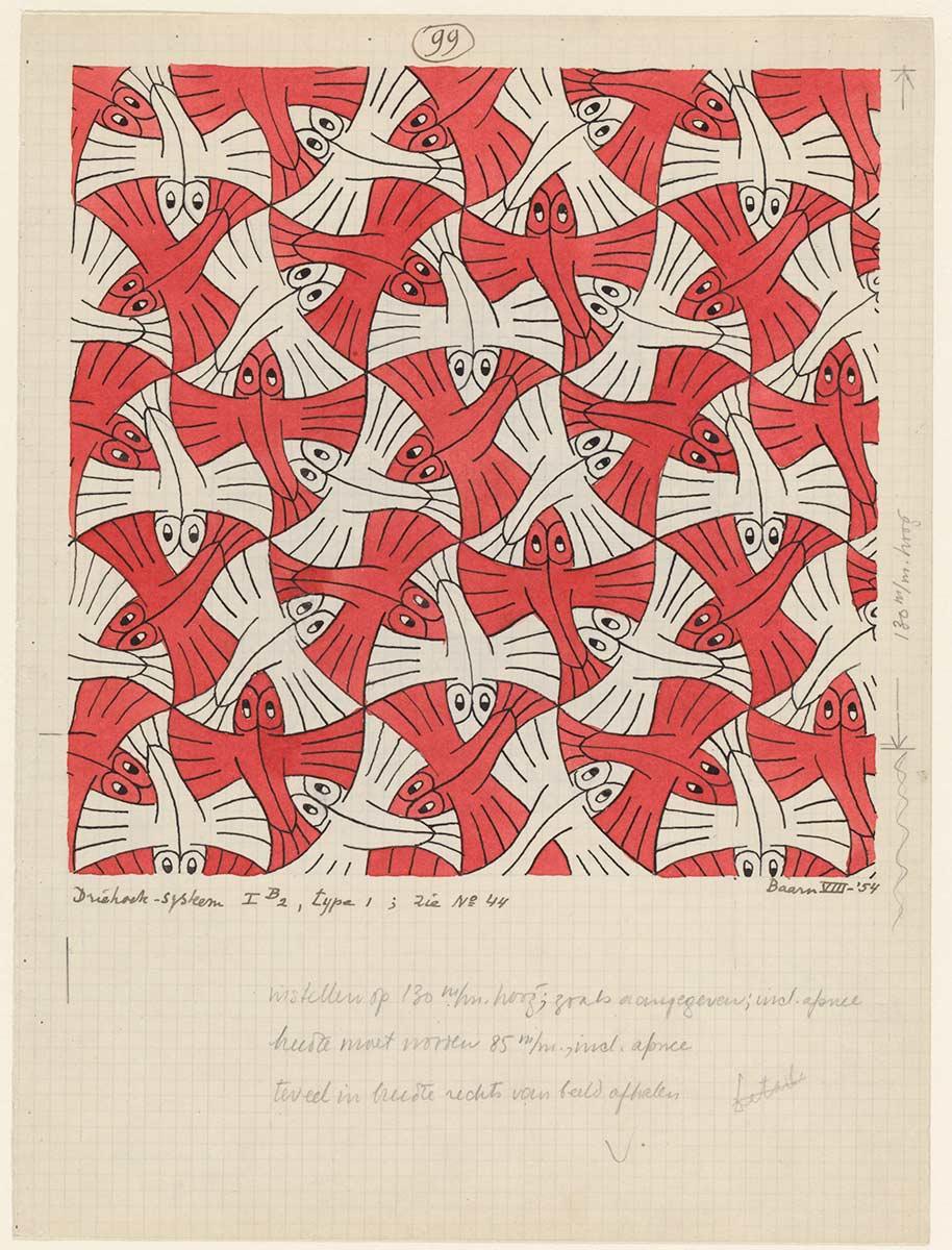 M.C. Escher, Regelmatige vlakverdeling, nr. 99, Oost-indische inkt, potlood en waterverf op papier, augustus 1954 (met in potlood aanwijzingen voor het opnemen ervan in 'Grafiek en tekeningen')