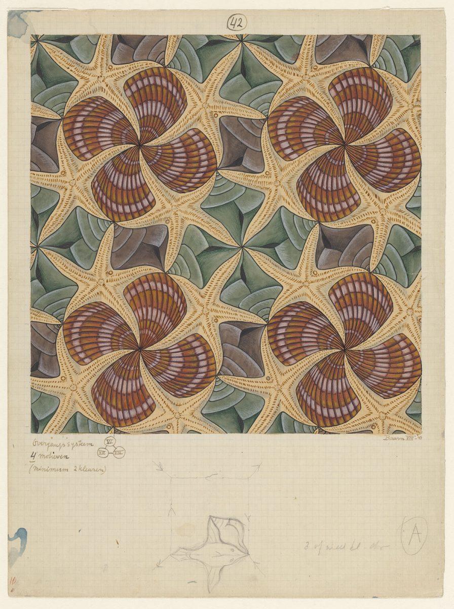 M.C. Escher, Regular division drawing with shells and starfish, no. 42, india ink, colored ink, colored pencil, watercolor, August 1941