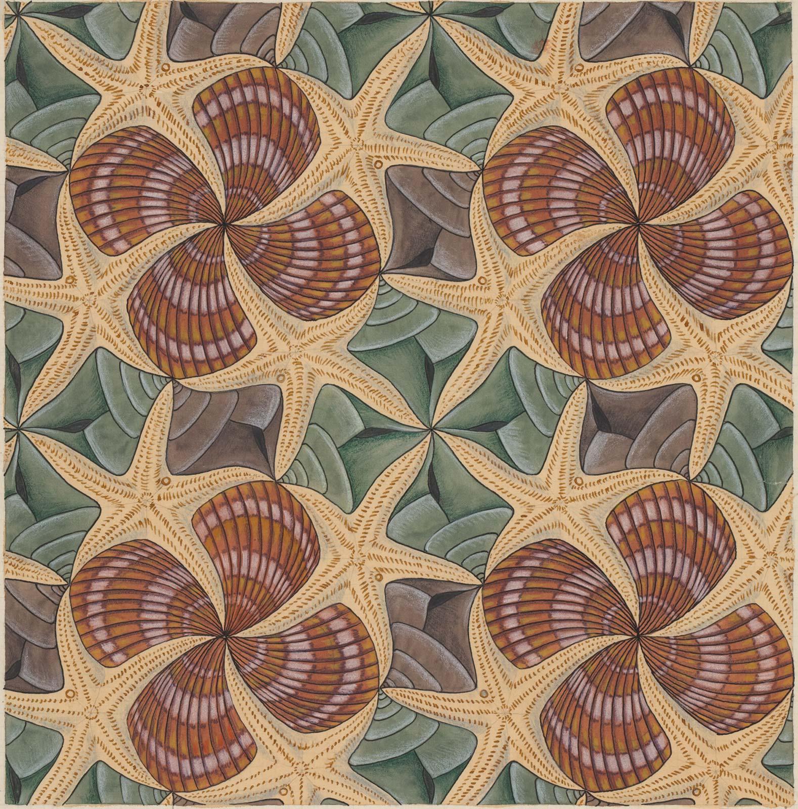 M.C. Escher, Regular division drawing with shells and starfish, no. 42, India ink, coloured ink, pencil and watercolour on paper, August 1941