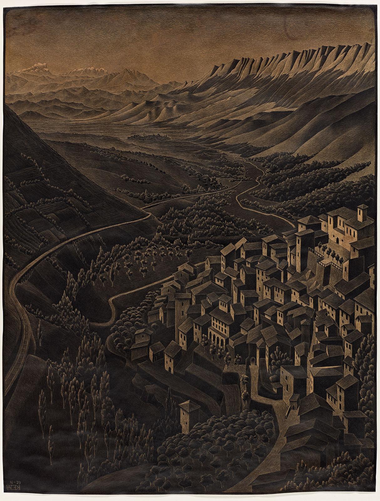 M.C. Escher, Pettorano sul Gizio, krabtekening, oktober 1929