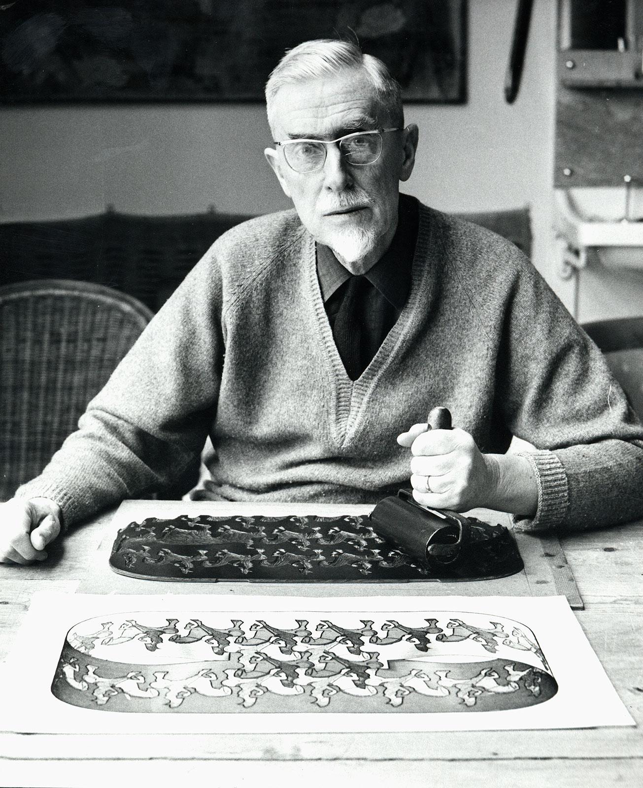 Escher makes a reprint of Horseman, his ink roller in his left hand.