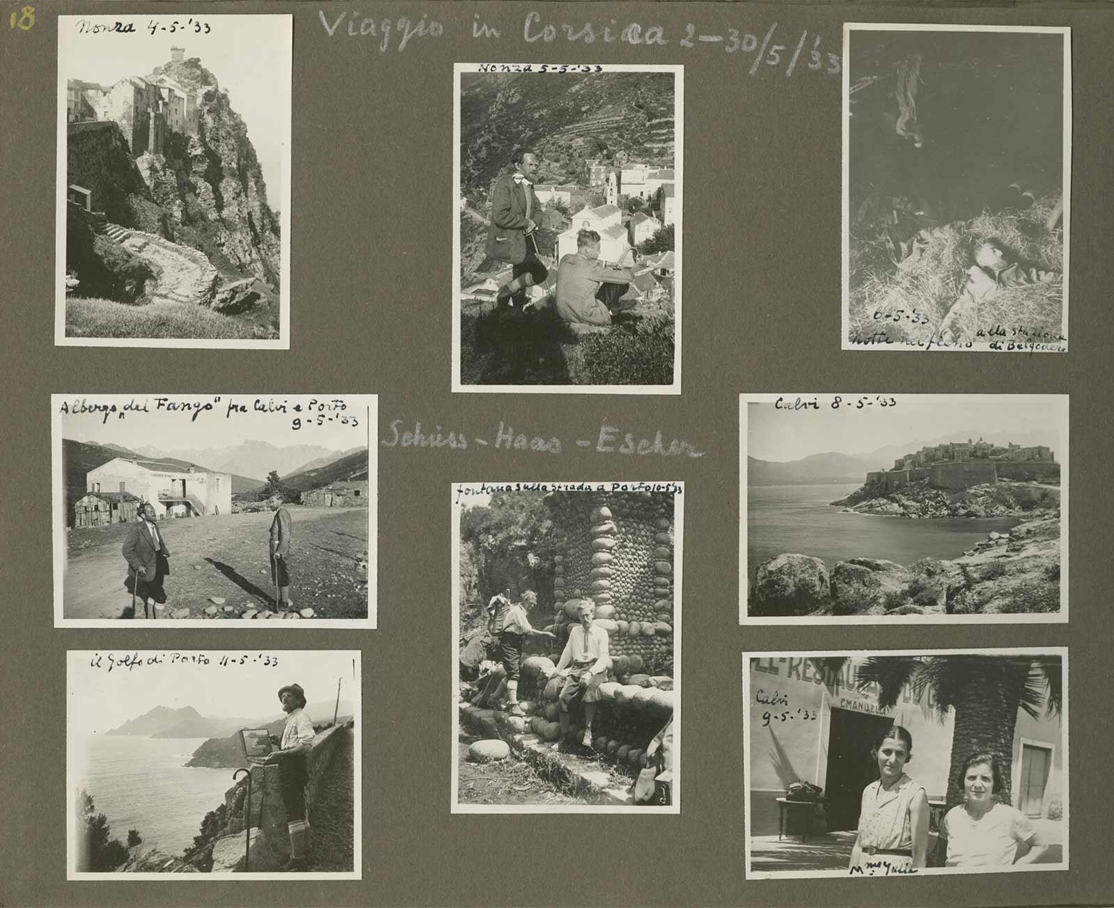 Pagina's uit Eschers fotoalbum met foto's gemaakt op Corsica, mei 1933. Midden onder zie je Escher en Haas-Triverio bij een bron, onderweg naar Porto.