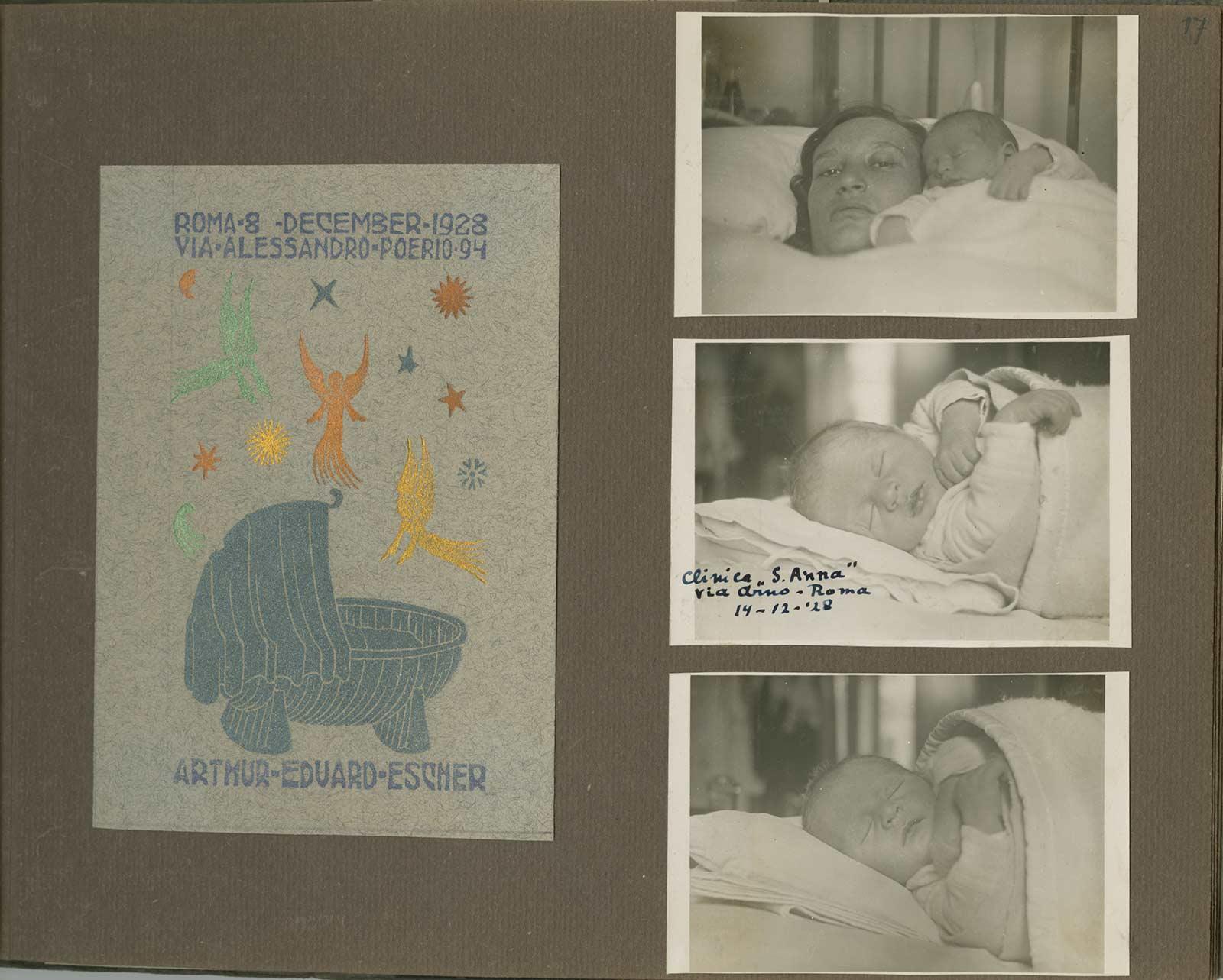 Fotoalbum van Escher: het geboortekaartje van Arthur Eduard Escher met daarnaast foto's van Jetta en Arthur in het ziekenhuis, 14 december 1928