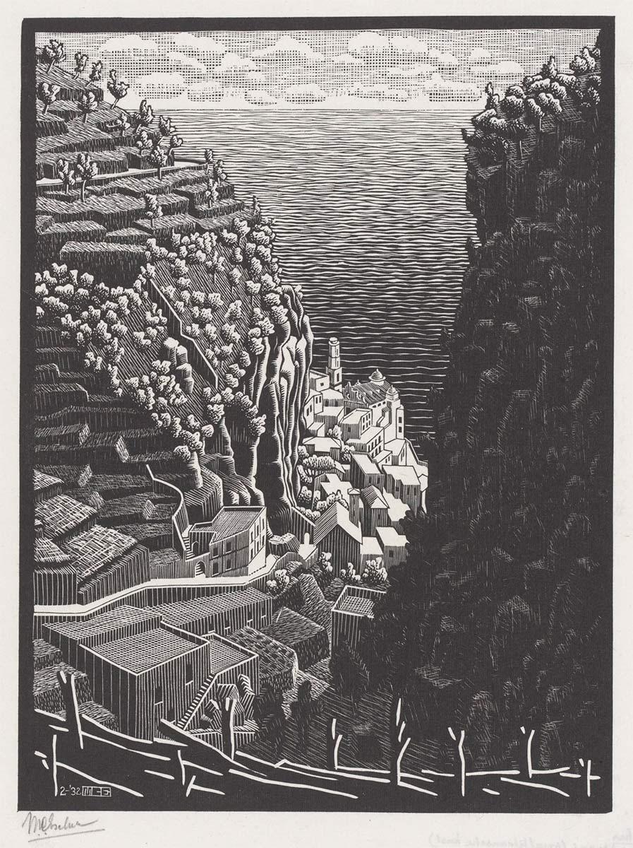 M.C. Escher, Atrani (Seen from Pontone), Coast of Amalfi, woodcut, February 1932