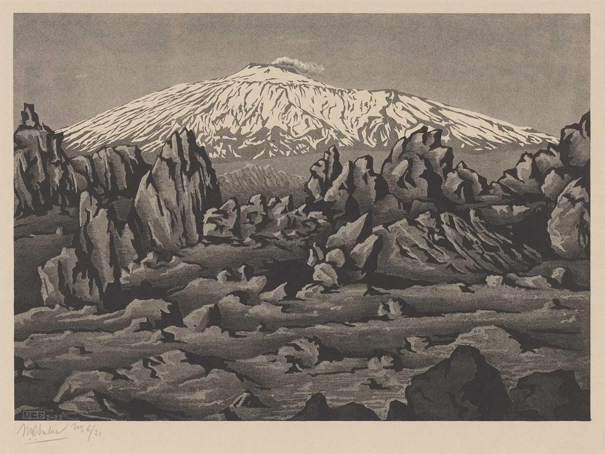 M.C. Escher, (Oude lava van) De Etna bij Bronte, Sicilië, litho, februari 1933
