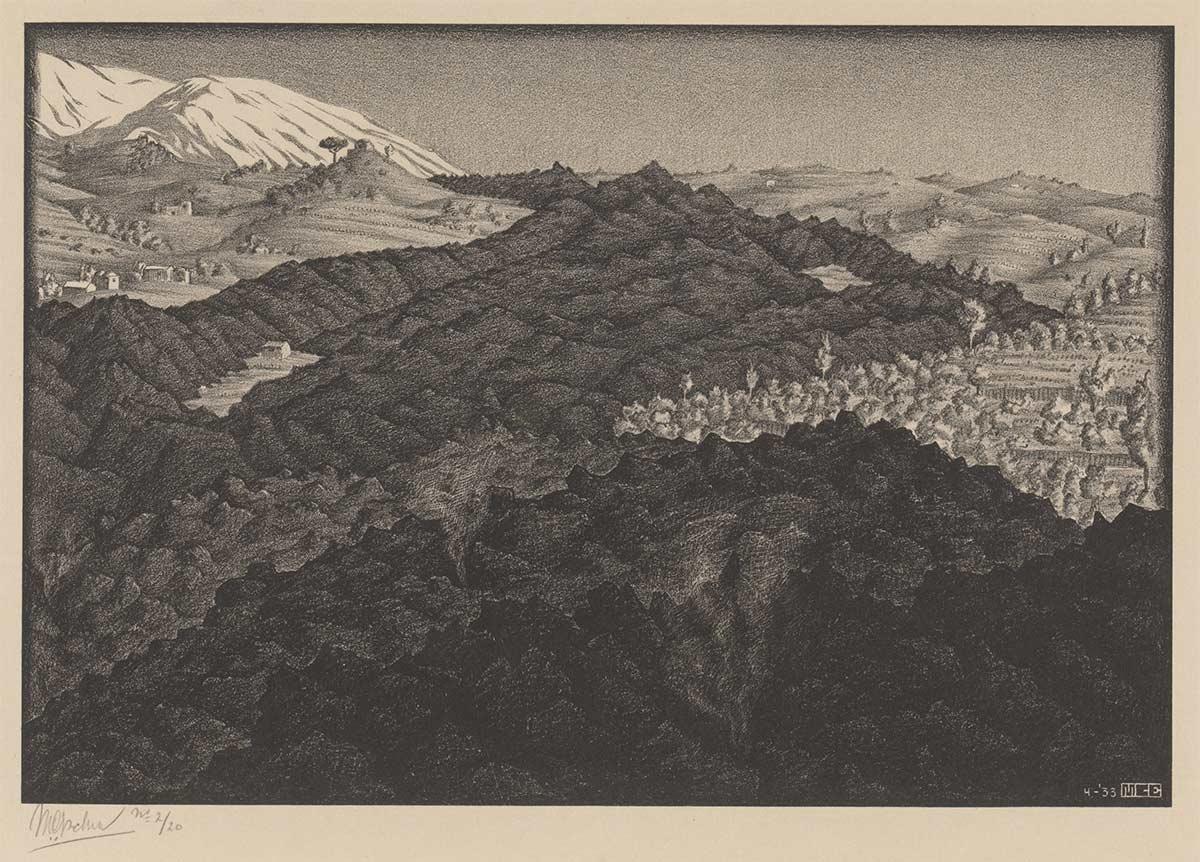 M.C. Escher, Lavastroom van 1928 van de Etna, Sicilië (Nieuwe lava (1928) bij Nunziata, Sicilië), litho, april 1933