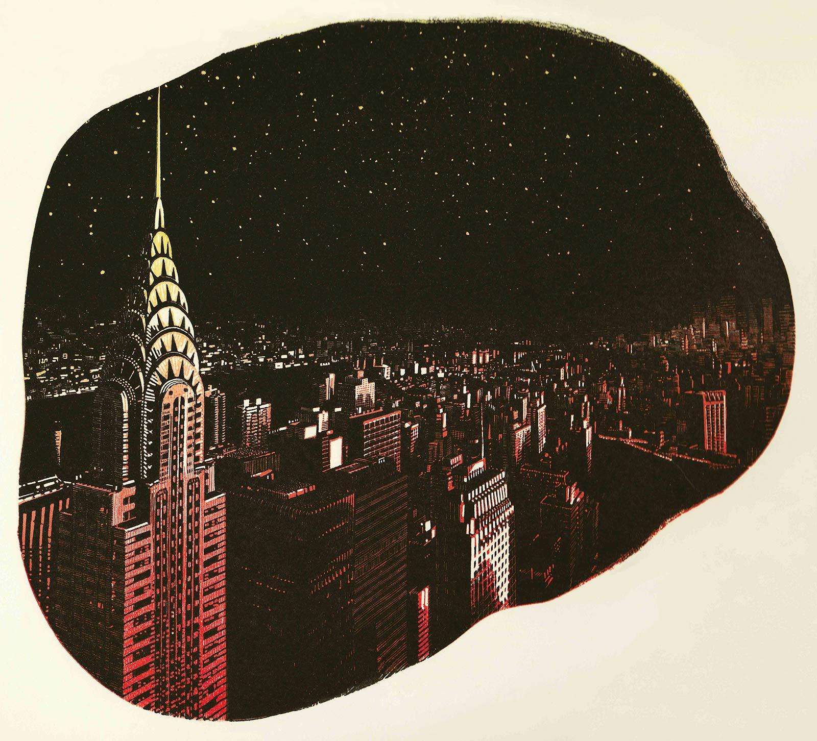 Anne Desmet, Manhattan Stars, colour wood engraving, 2017