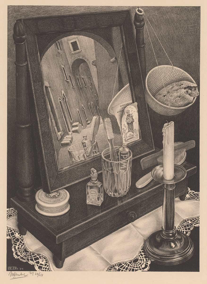 M.C. Escher, Nature morte au miroir sphérique, lithographie, 1934