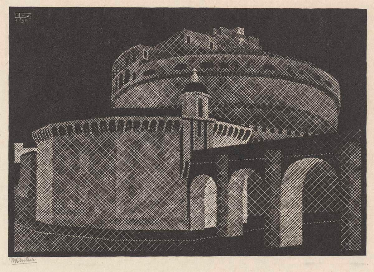 M.C. Escher, Nachtelijk Rome: Castel Sant' Angelo, houtsnede, april 1934