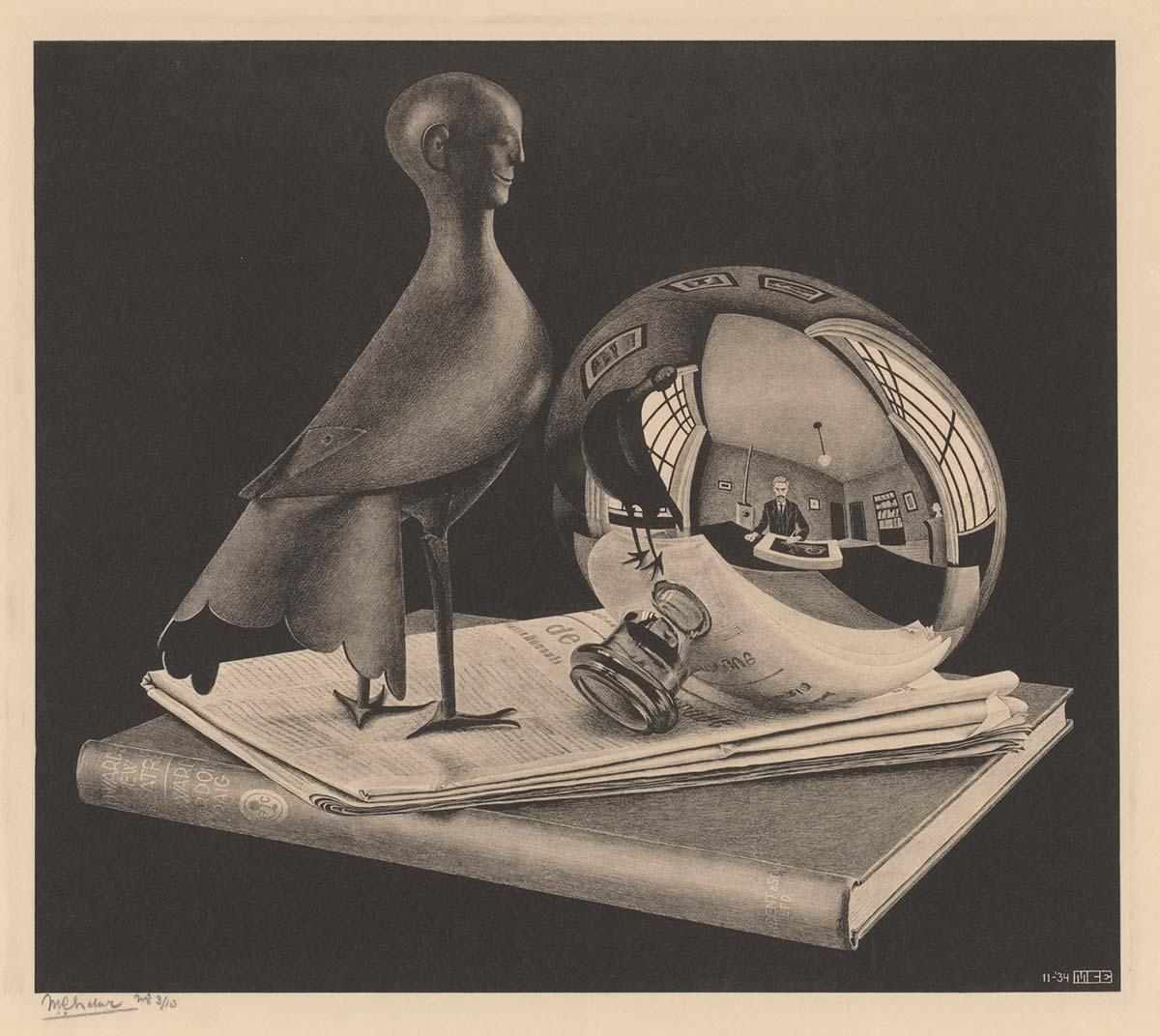 M.C. Escher, Still life with spherical mirror, lithograph, November 1934