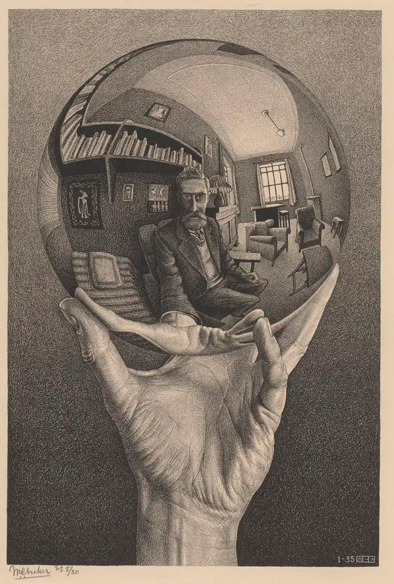 M.C. Escher, Hand with reflecting sphere (Self-portrait in spherical mirror), lithograph, January 1935