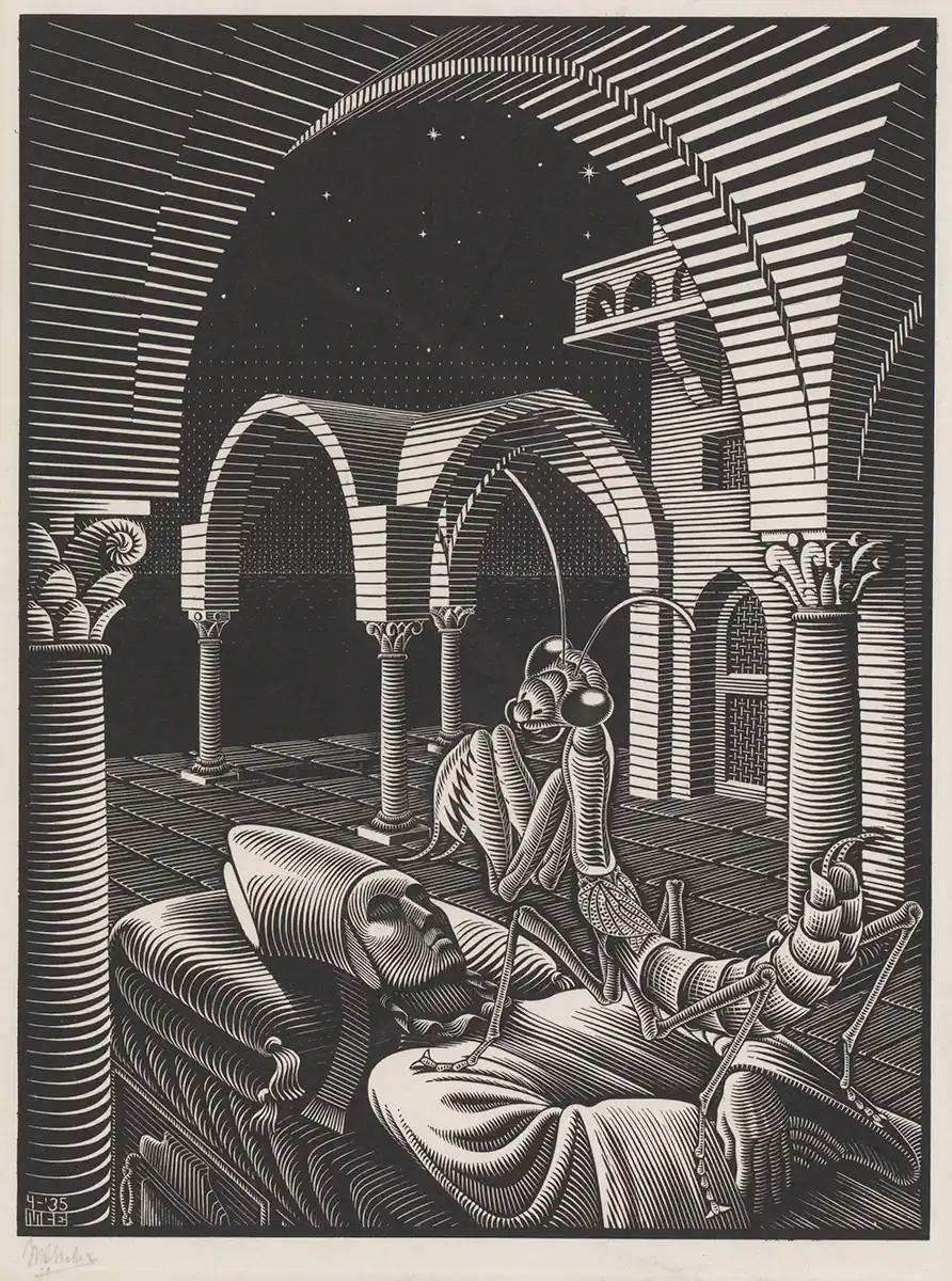 M.C. Escher, Dream (Mantis Religiosa), wood engraving, April 1935
