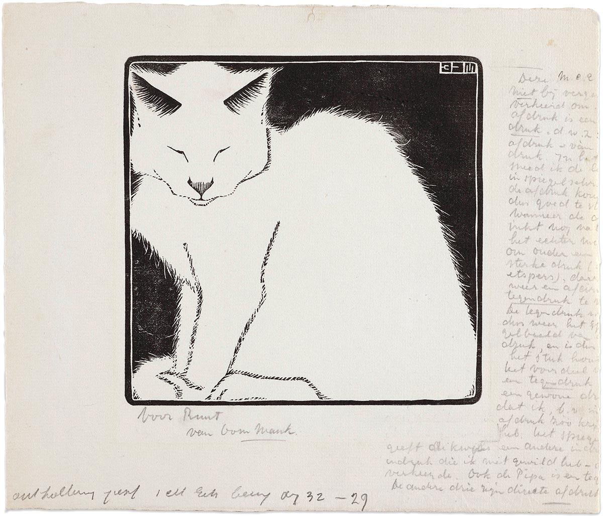 M.C. Escher, Witte poes, houtsnede (tegendruk), 1919, verworven met steun van Gielijn Escher, zoon van Rudolf Escher, en Stichting de Paleiswinkel