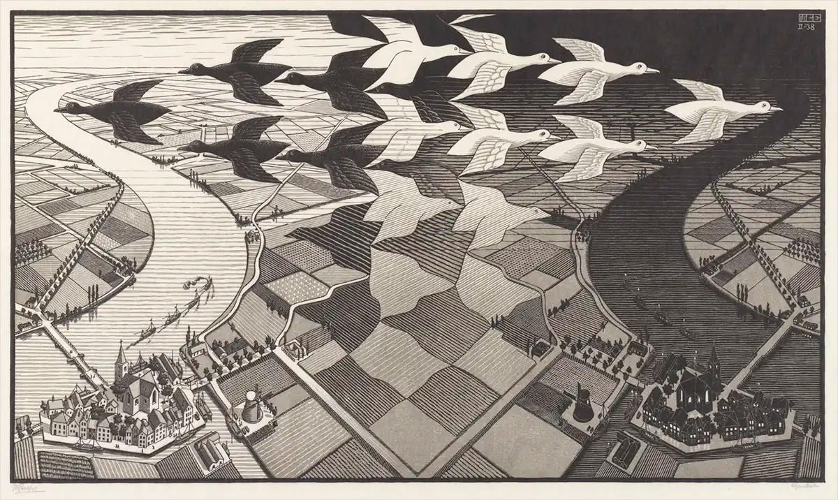 M.C. Escher, Dag en nacht, houtsnede in zwart en grijs gedrukt van twee blokken, februari 1938