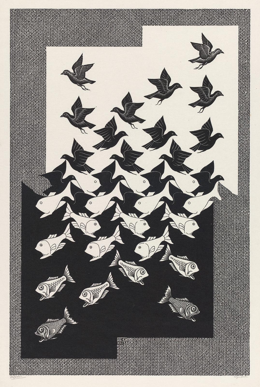 M.C. Escher, Sky and Water II, woodcut, December 1938
