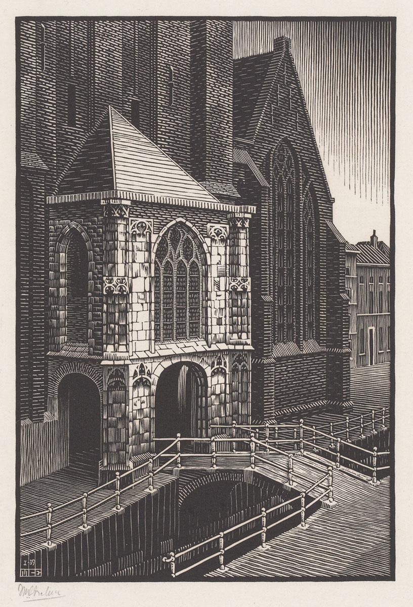 <p>M.C. Escher, Delft: Entrance to the Oude Kerk, woodcut, January 1939</p>