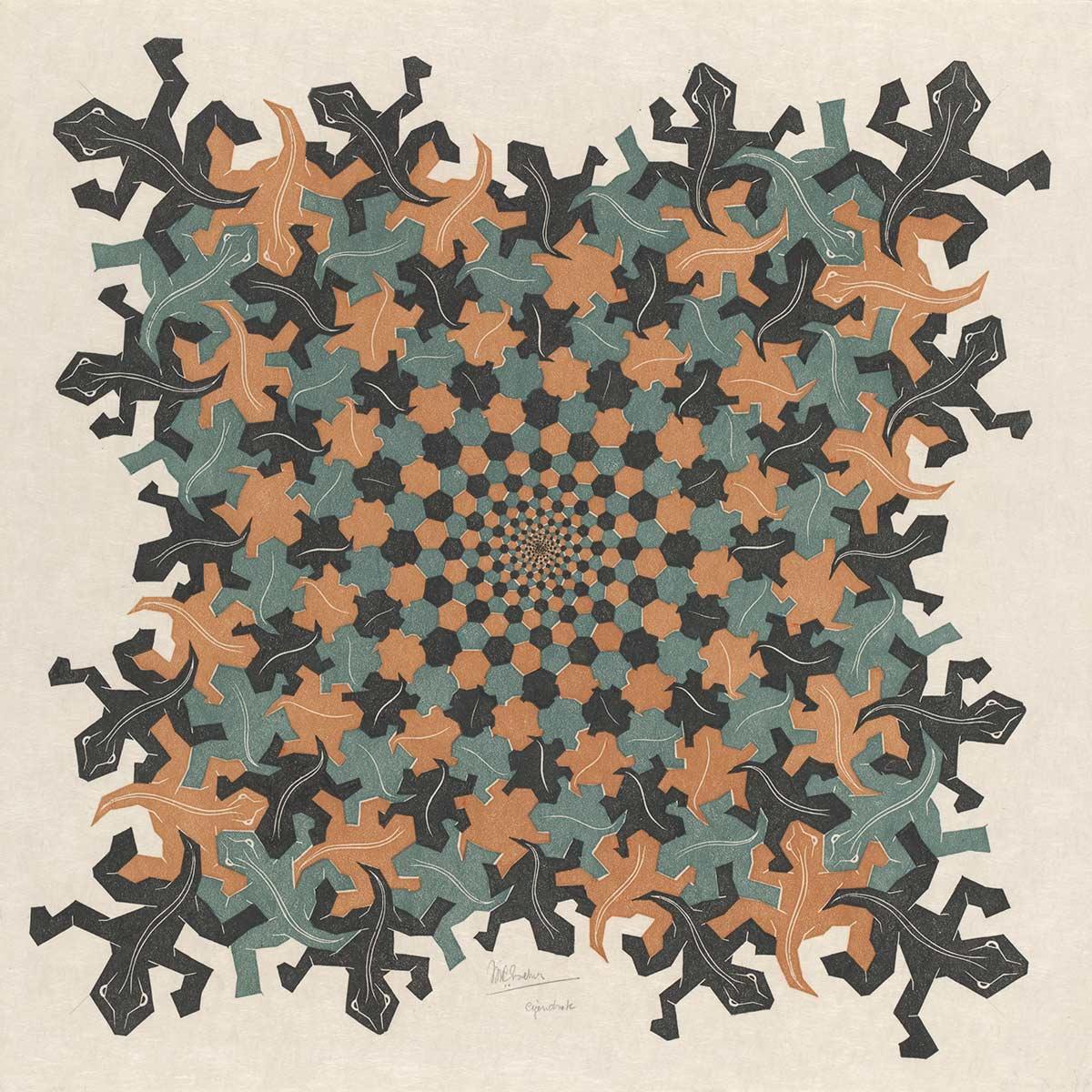 M.C. Escher, Ontwikkeling II, houtsnede in bruin, grijsgroen en zwart, gedrukt van drie blokken, februari 1939