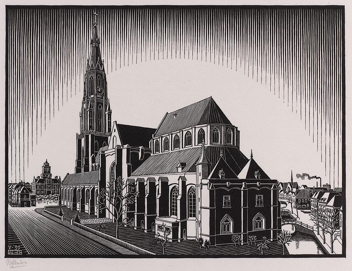 <p>M.C. Escher, Delft: Nieuwe Kerk, woodcut, May 1939</p>