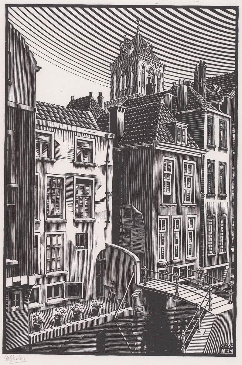 <p>M.C. Escher, Delft: Voldersgracht, woodcut, June 1939</p>